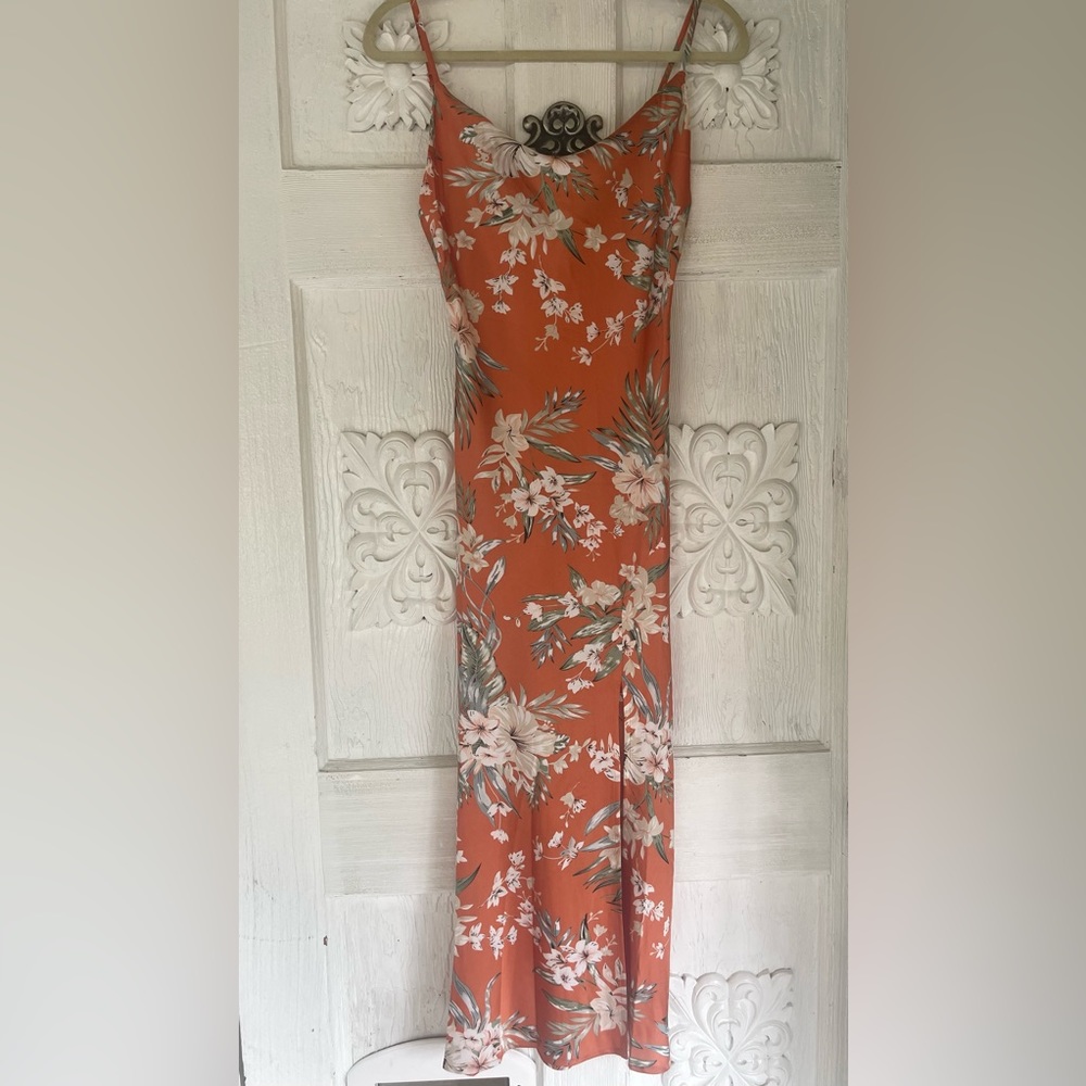 XS Tropical Print Coral Cowl Neck Slip Dress